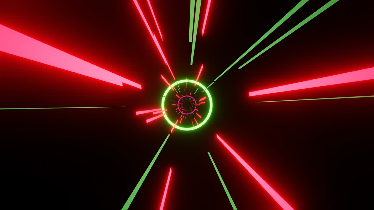Flying neon rays with rings.