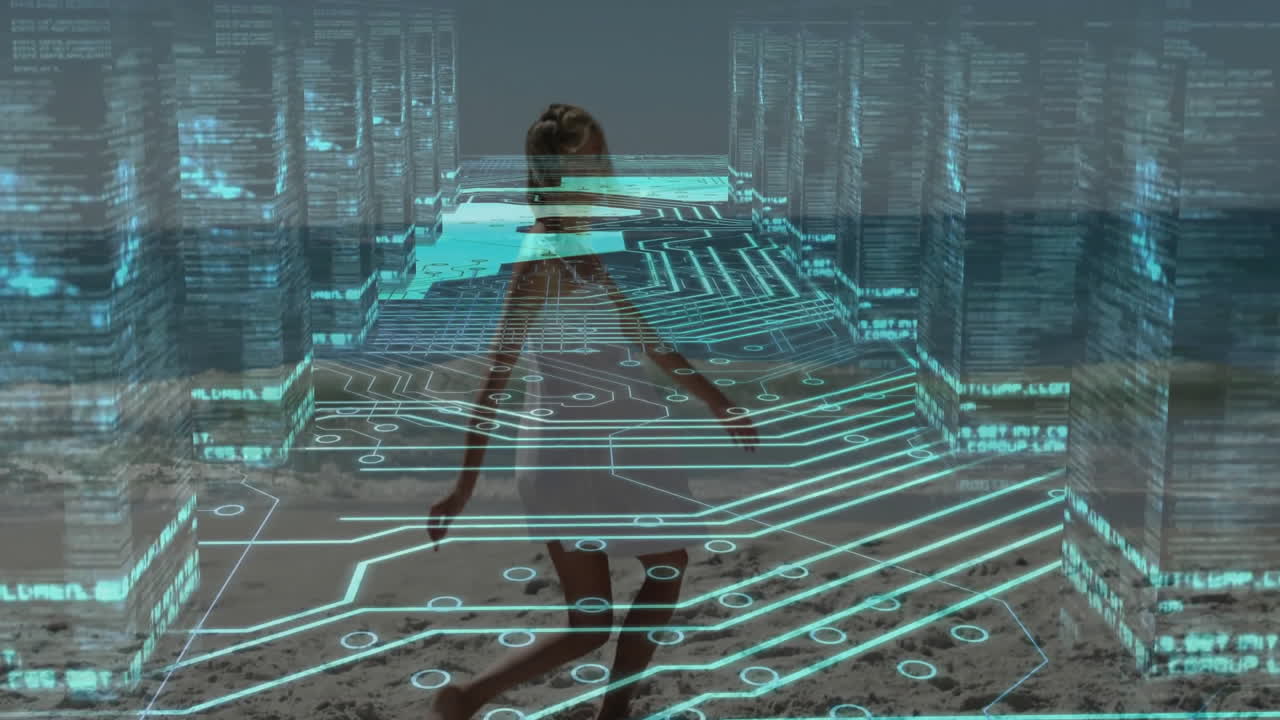 Walking on beach, person overlaid with circuit board animation, enjoying technology