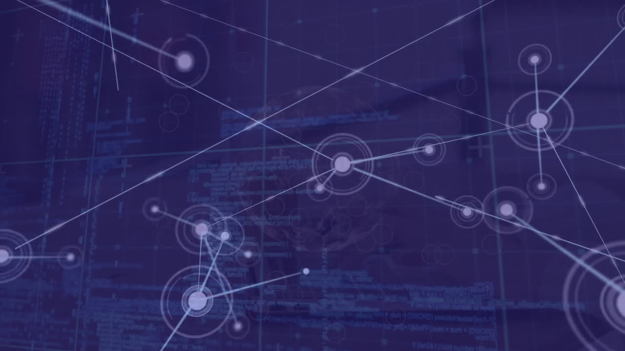 Animation of network of connections over data processing on black background
