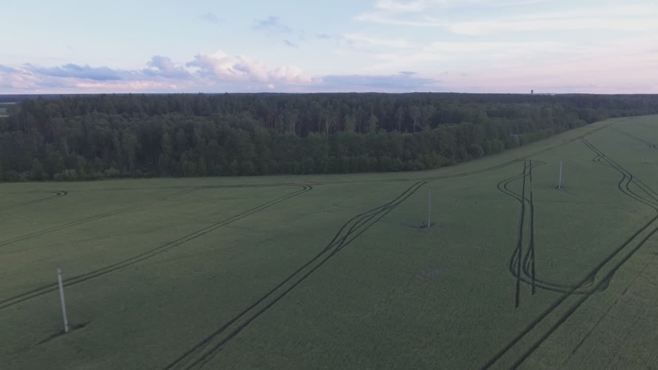 Heavy Farm Machinery Tramlines In Green Agricultural Fields at Sunset. Aerial Track Right