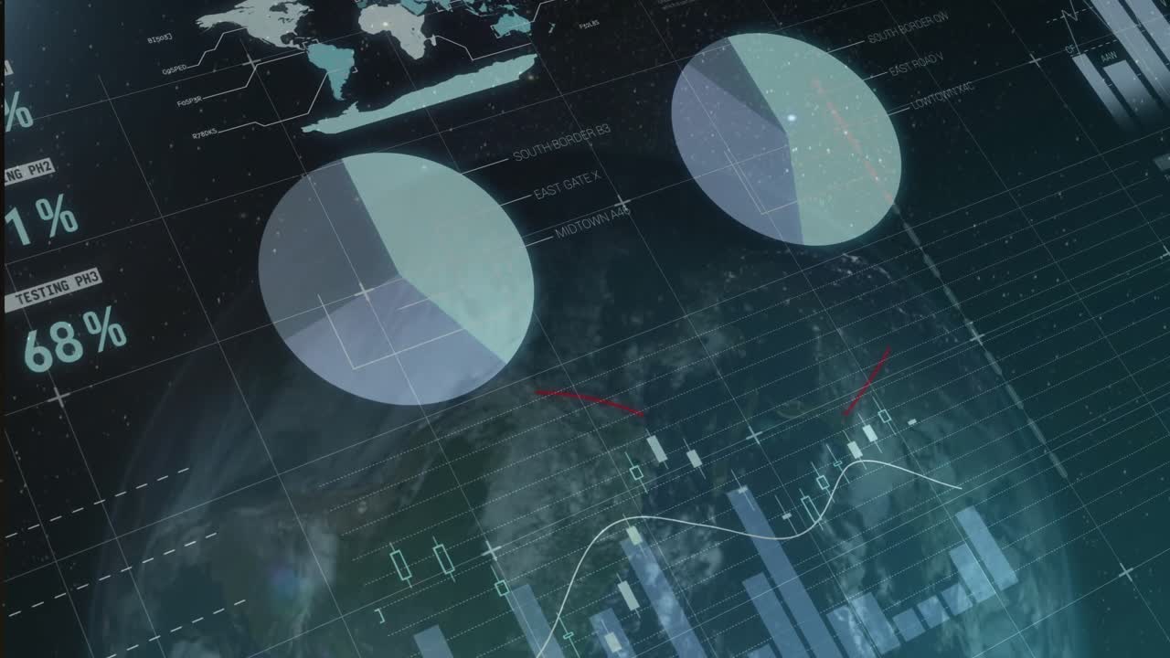 Holographic interface animating circular progress down, causing charts and graphs displaying update