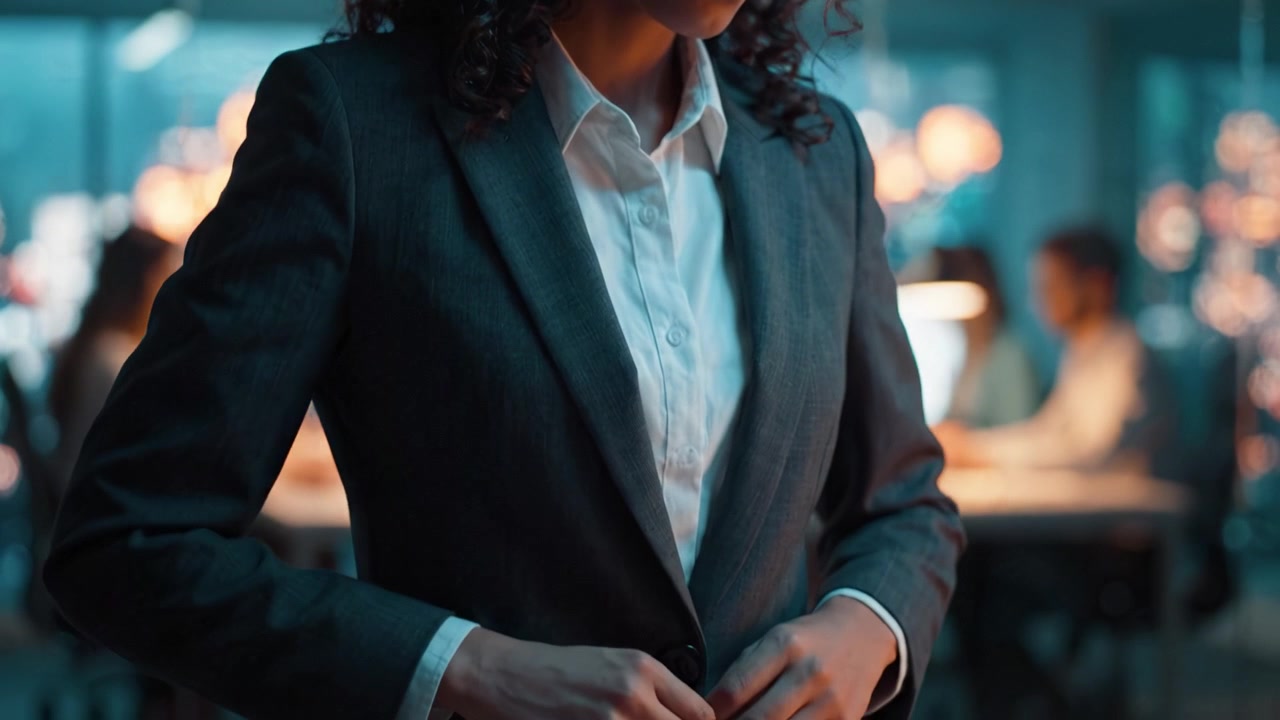 Profissional Focado em Traje de Negócios Contemplando uma Decisão em um Ambiente de Escritório Moderno com Iluminação Suave e Atmosfera Colaborativa