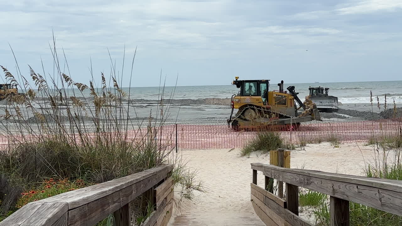 Beach Renourishment Project: Bulldozers Moving Sand on the Coastline