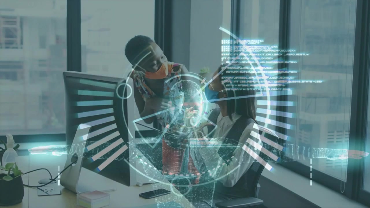 Vertical video: Standing woman pointing at phone, starting AR charts around pair reviewing data