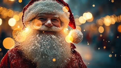 smiling man in santa costume surrounded by festive lights