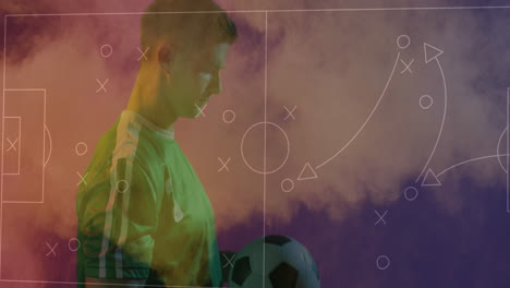 animación de un juego de fútbol diagrama táctico sobre un jugador de fútbol masculino caucásico lanzando la pelota