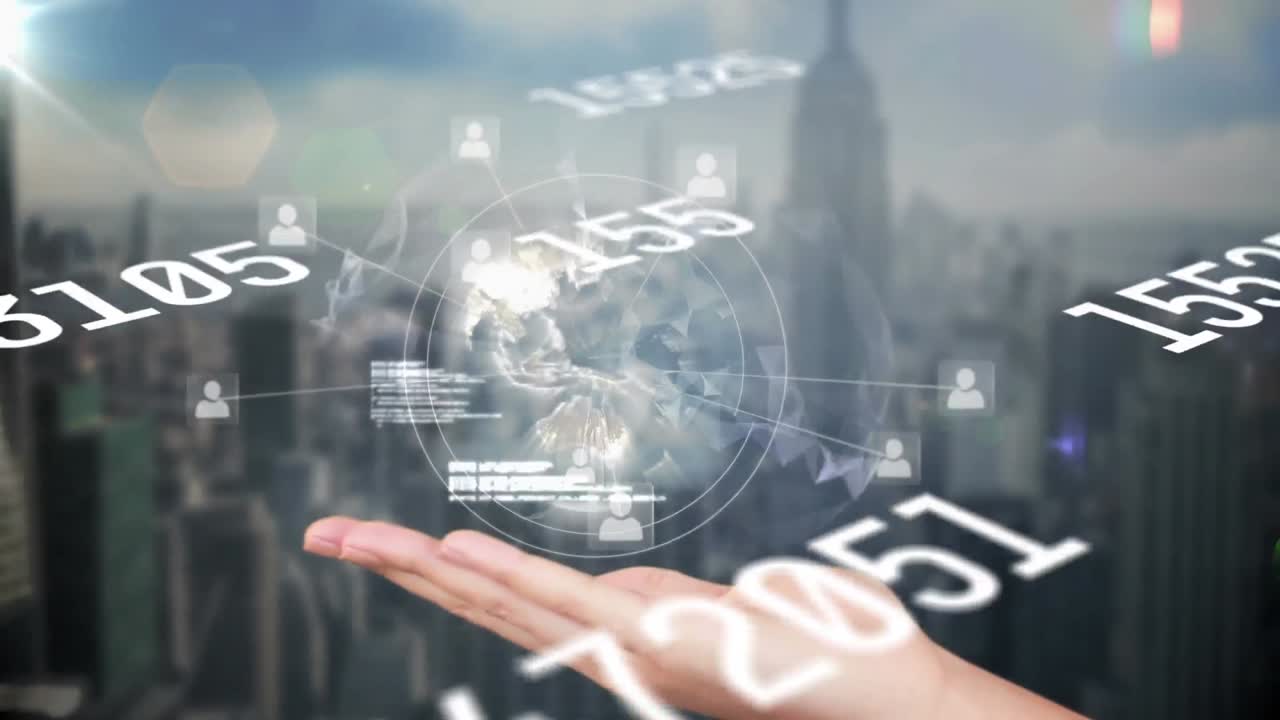 도시 풍경 위의 숫자와 지구의 애니메이션