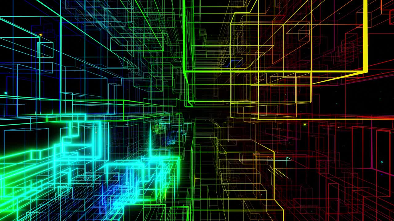 el vuelo en bucle a través del espacio 3d con estructura de red compleja, luz de neón. sci fi bg, plexus de alta tecnología, marcos futuristas con luz de neó en él. concepto de flujo de datos de información. diseño de movimiento en bucle 3d bg