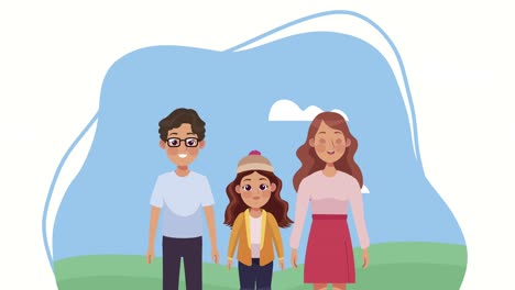 niña con padres pareja en el campamento