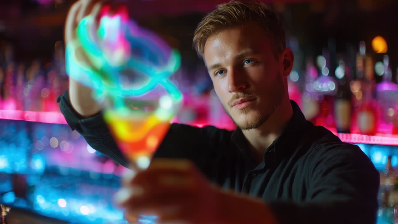 A skilled bartender expertly crafts a colorful cocktail, showcasing vibrant liquid artistry as he balances flavors and presentation, illuminated by an array of dazzling neon lights in a trendy bar setting