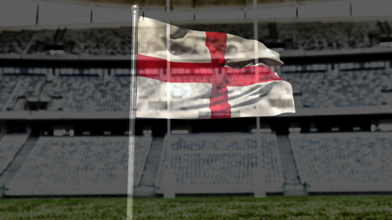 Waving English flag over green field and empty stadium seats, animation scene
