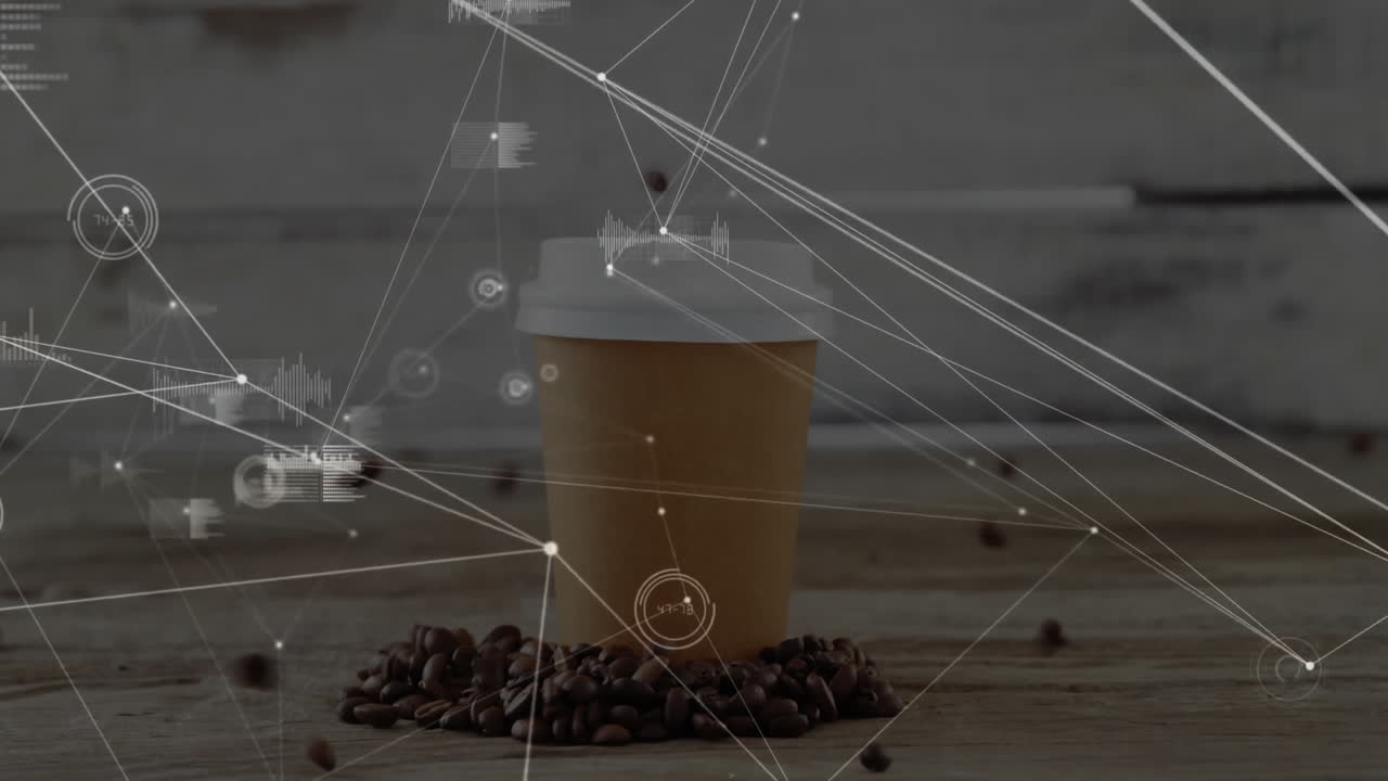 Featuring disposable paper coffee cup on wooden table with beans and digital network overlay