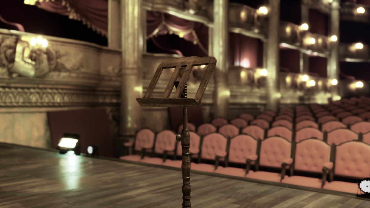 Atmosfera teatrale preparata con illuminazione soffusa della sala e folla in attesa.