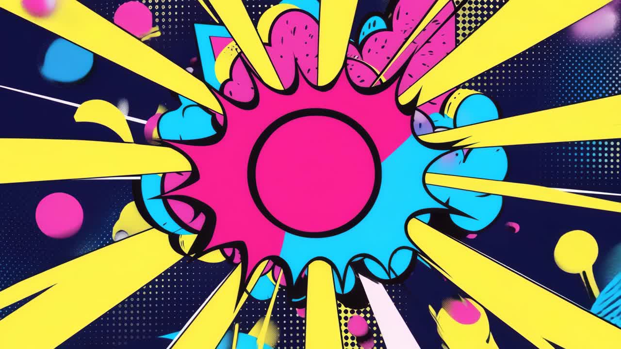 Esplosione di pop art dinamica con colori vivaci e linee audaci, ripresa frontale