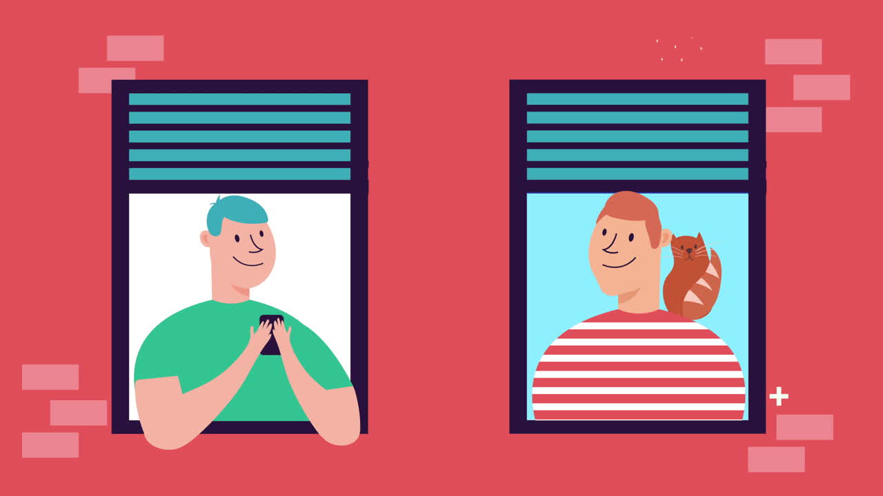 hombres con gato en la ventana del apartamento permanezcan en casa campaña