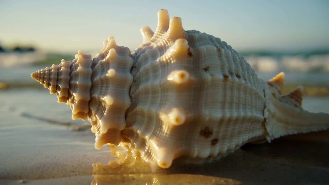 Lapping ripple nearing spiral seashell on wet sand, making warm sheen, receding as camera shifting