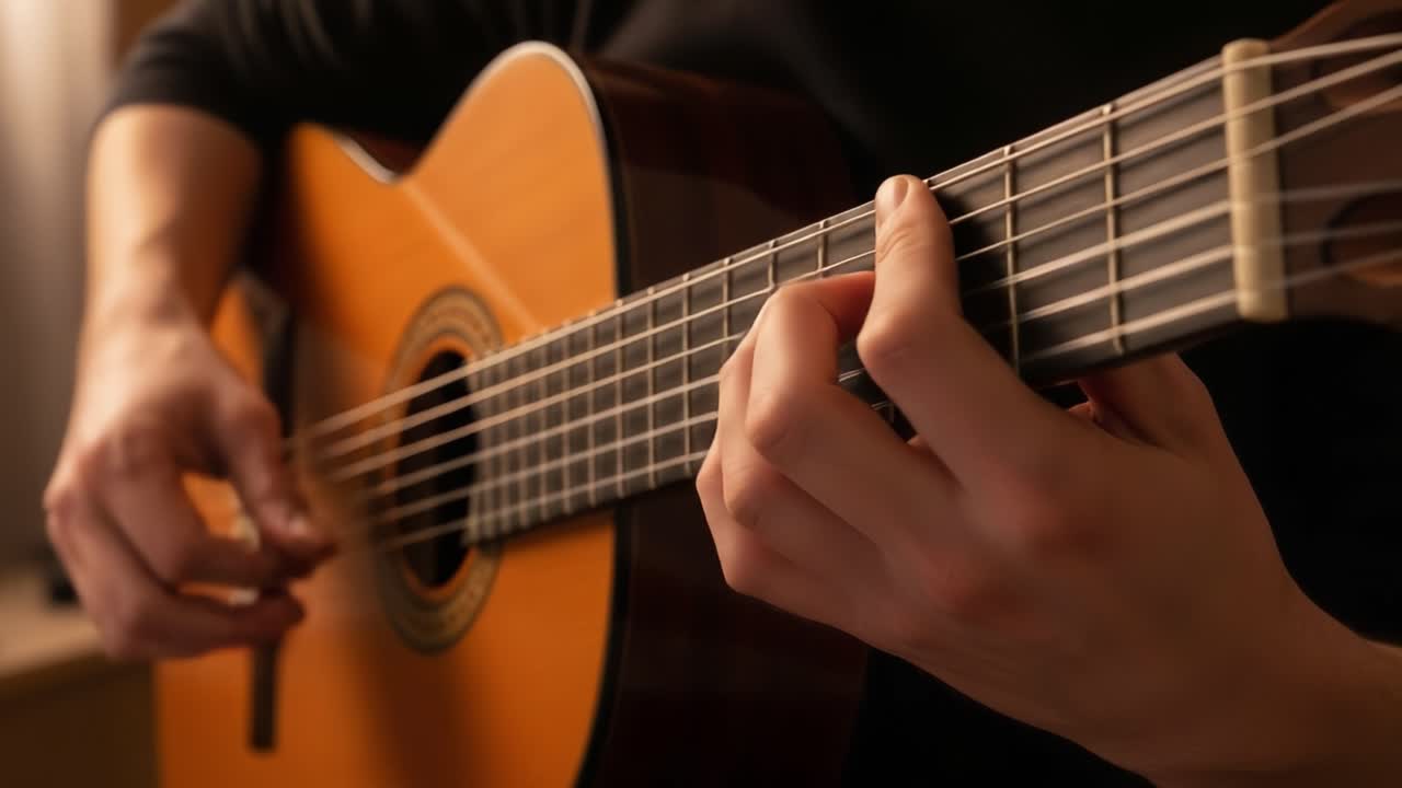 Captivating Guitar Performance: A Close-Up View of Skilled Finger Technique and String Vibrations in an Intimate Setting, Showcasing Musical Passion and Artistry