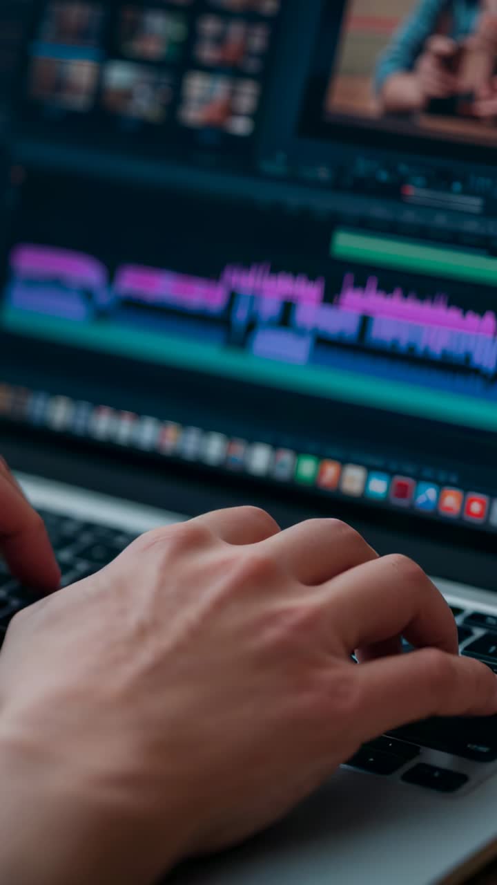 Vertical video: Scrubbing right hand editing clip on laptop keys and timeline at desk with waves