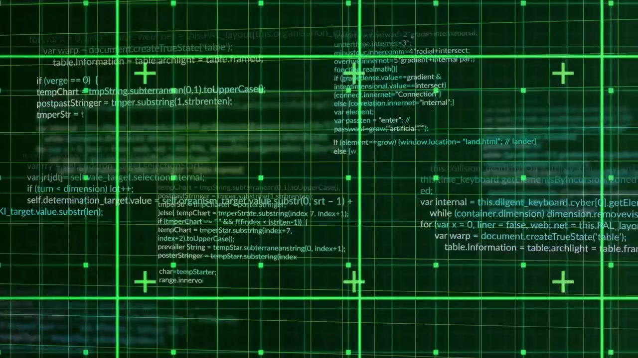 Animation of data processing over grid and dark background