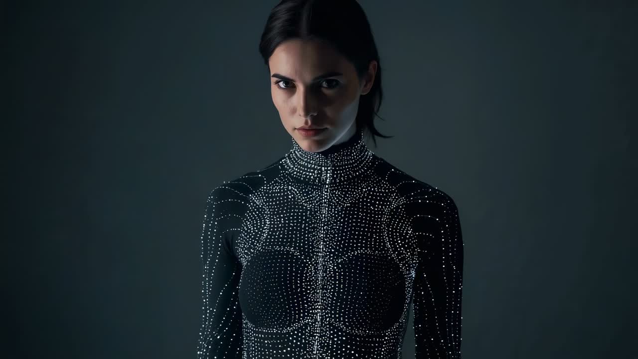Lifting head after pause female model raising gaze facing lens in studio, high-neck dotted bodysuit