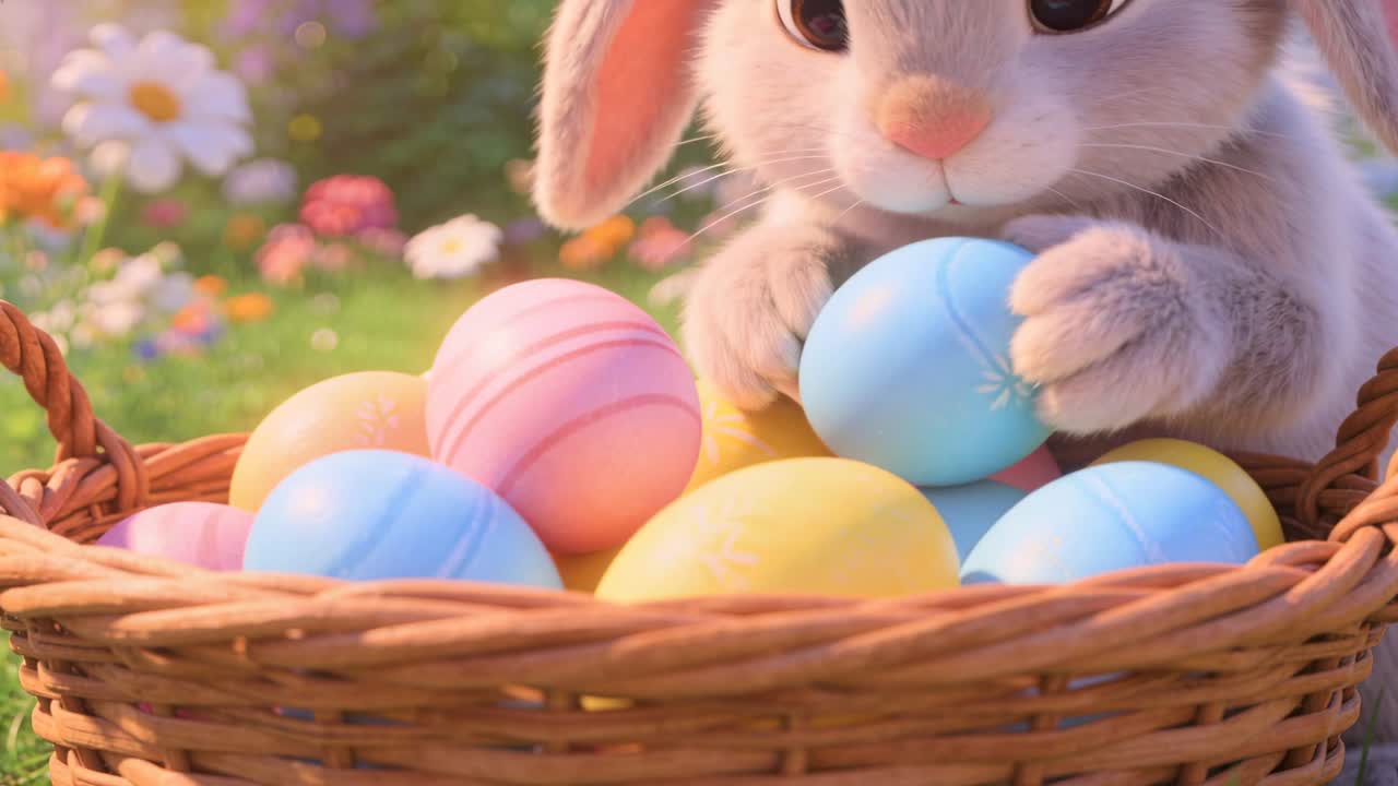 Seeing eggs, rabbit probing with forepaws in wicker basket in sunlit garden, selecting blue egg