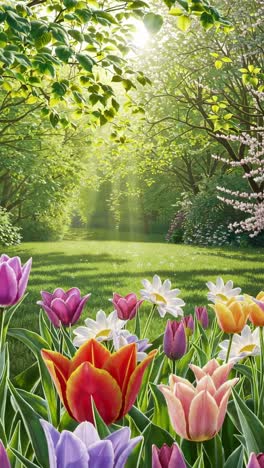 vibrant tulips and daisies create a colorful foreground against a backdrop of lush green trees and sun drenched lawn in this idyllic spring garden collage