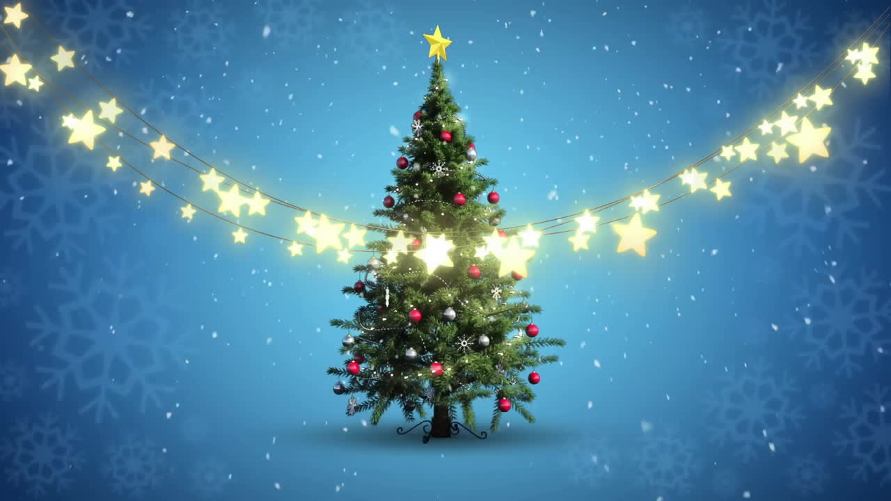 Animation of christmas tree over snow falling