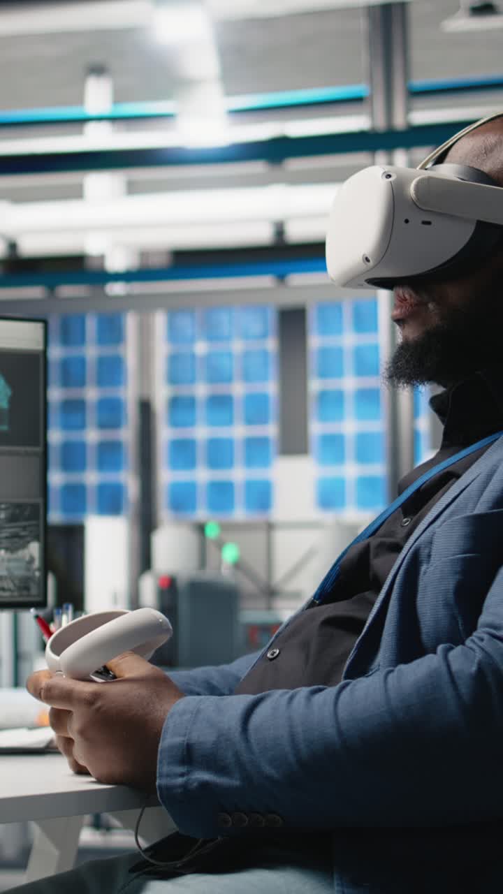 Vertical Video Black photovoltaics expert uses VR glasses to assembly digital solar cells