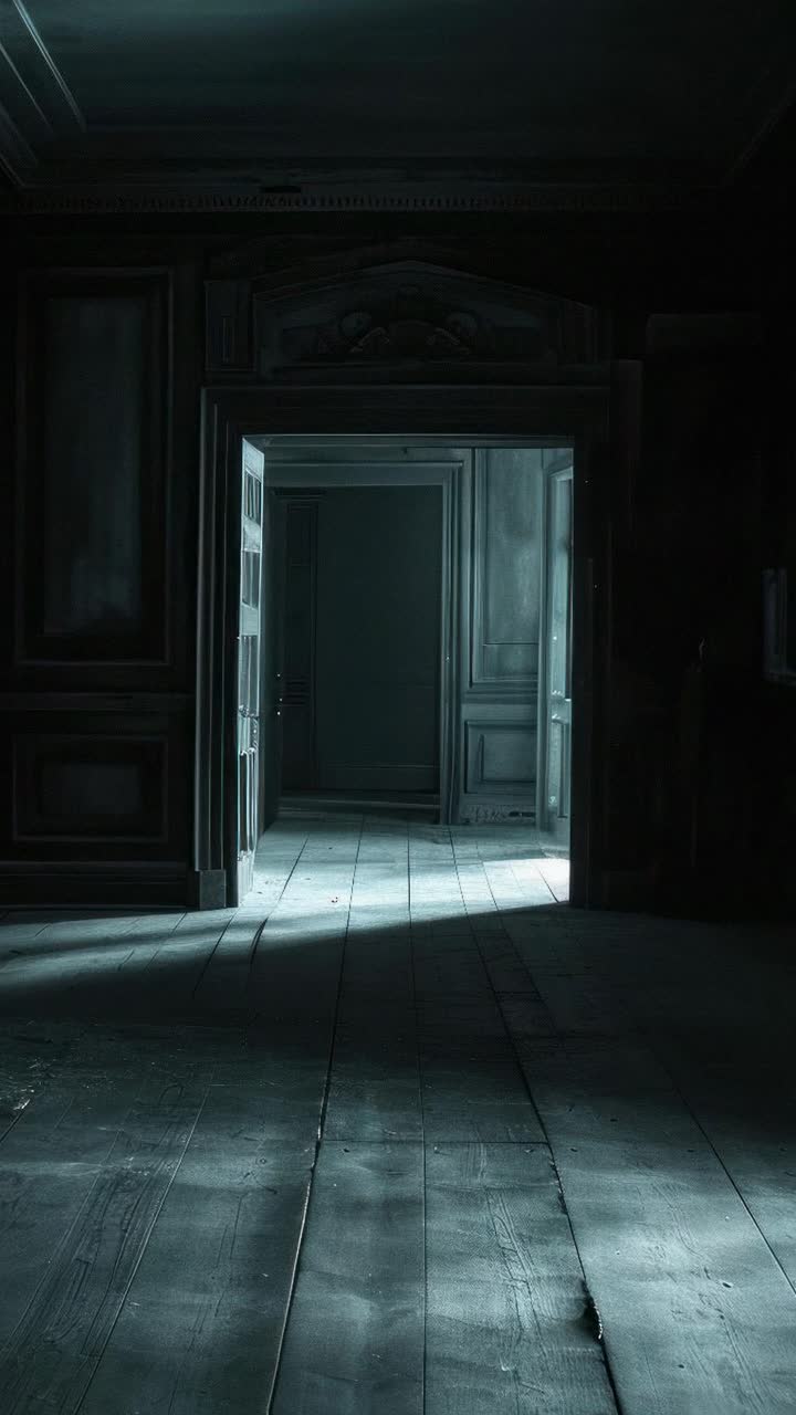 Eerie, dimly lit hallway with open doors, captured from a low angle