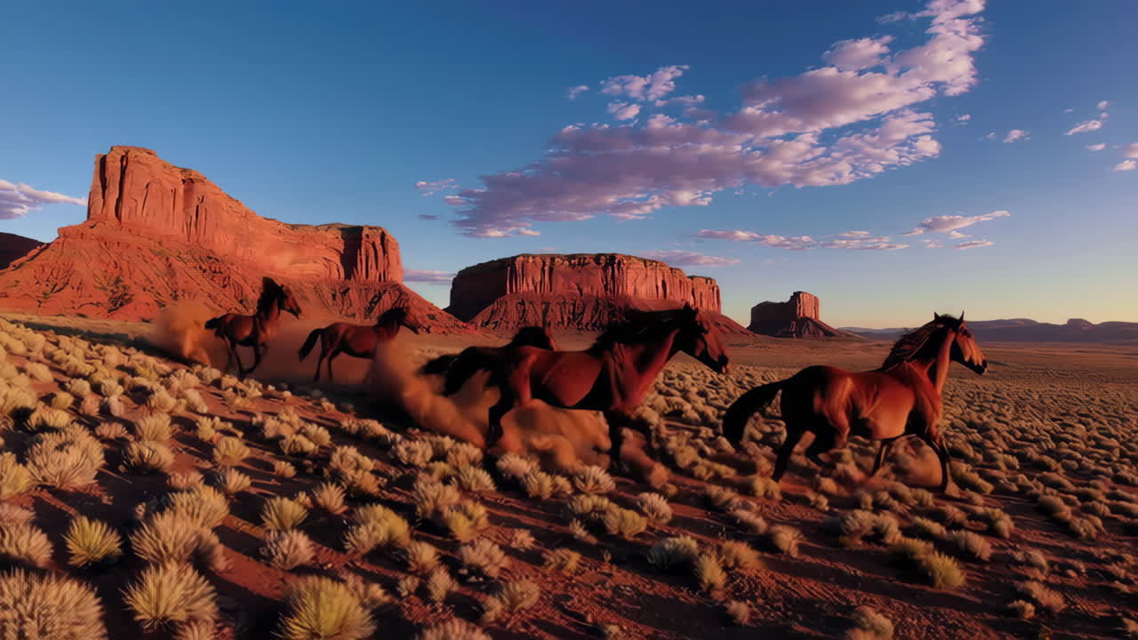 Wild Horses Galloping Through Monument Valley Desert at Sunset