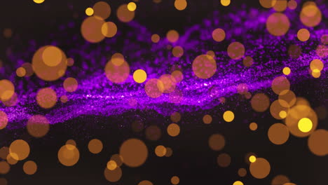 animation of yellow spots over glowing purple digital wave against black background with copy space