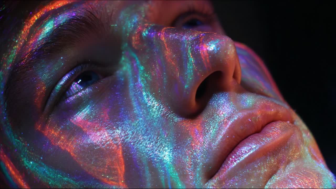 An Ethereal Exploration of Light Reflection on Skin: A Journey Through Vibrant Colors and Textures Captured in a Face-Close Portrait