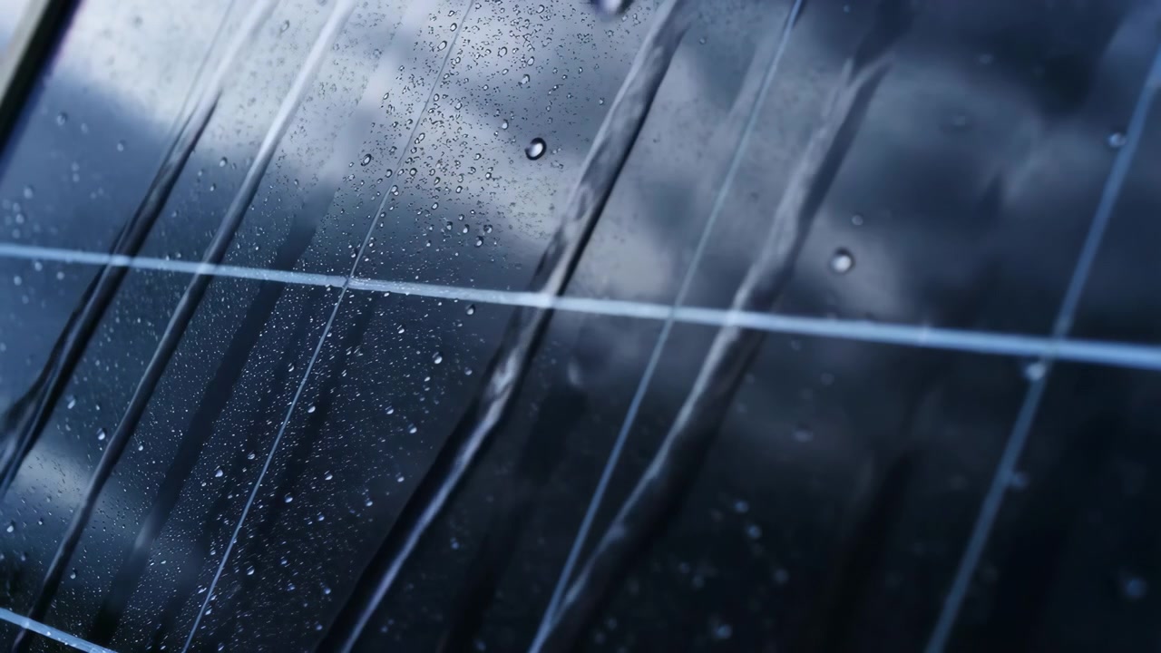 Close oblique motion view of rectangular glass panels in grid, covered with rain wet surface, varied droplet sizes, sliding vertical streaks, soft reflections, cool tones, and shallow focus details