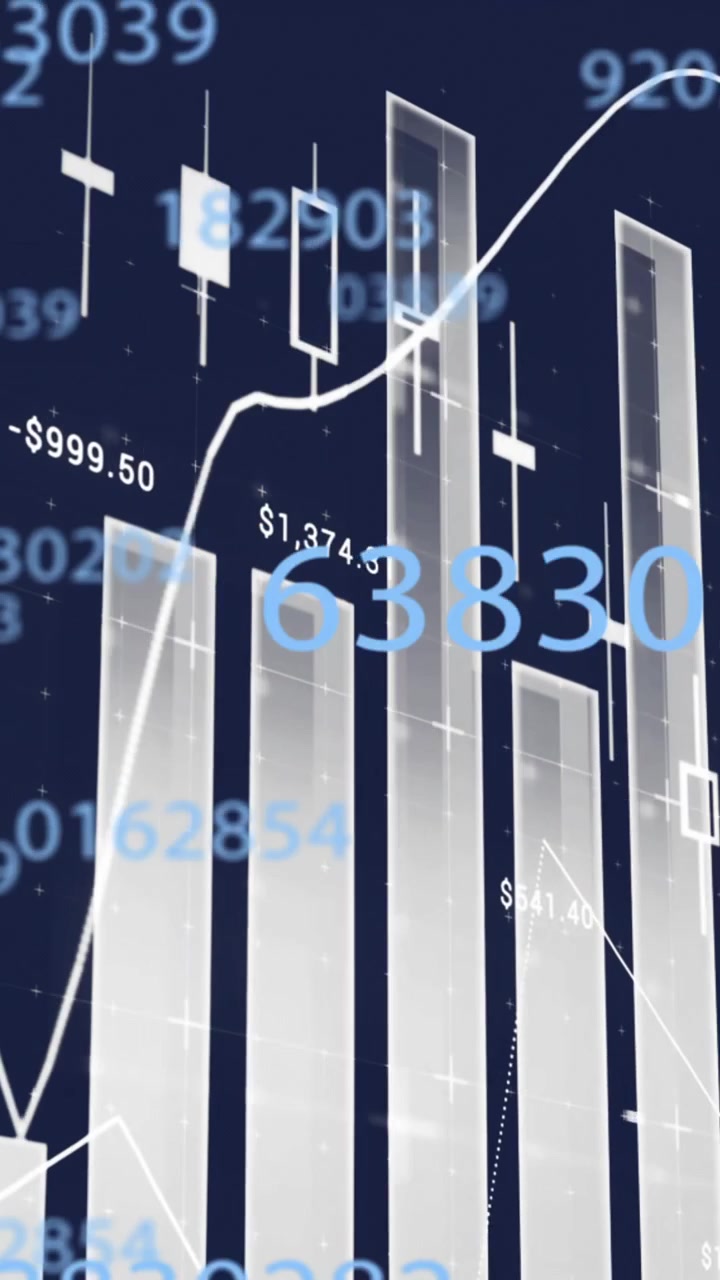 Animation of statistics and financial data processing on dark background