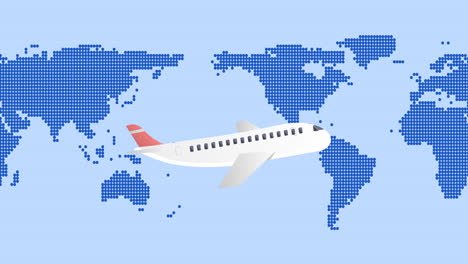 animation of airplane flying over blue world map