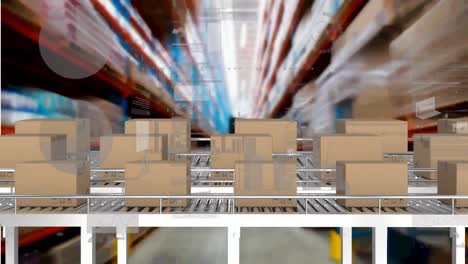 animación del procesamiento de estadísticas sobre cajas de cartón en cintas transportadoras en el fondo