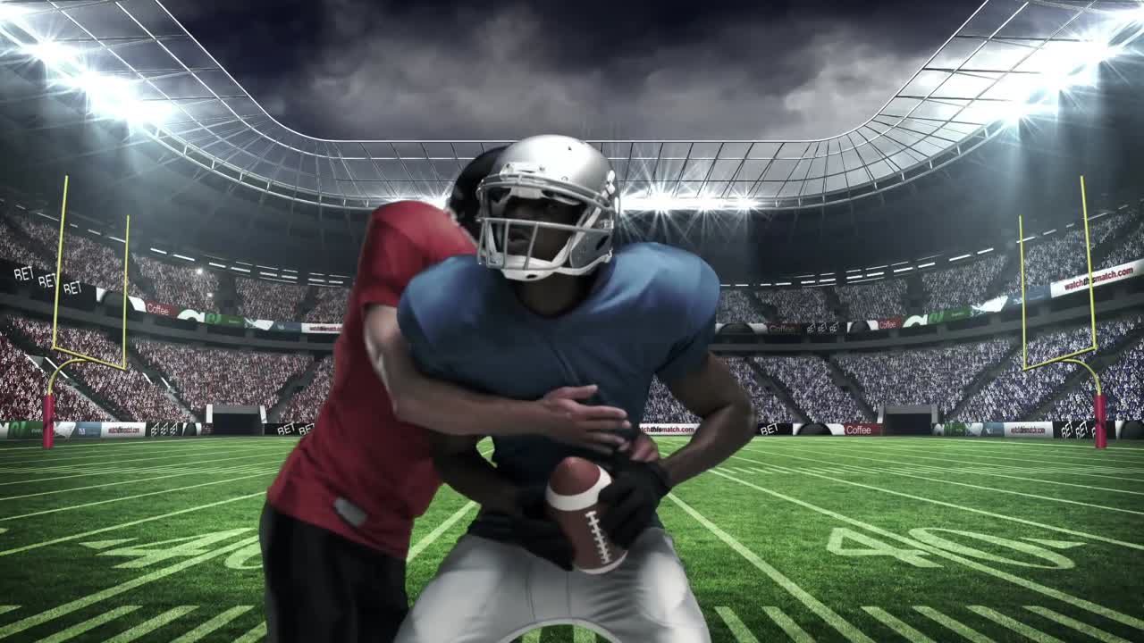 American football player tackling for ball