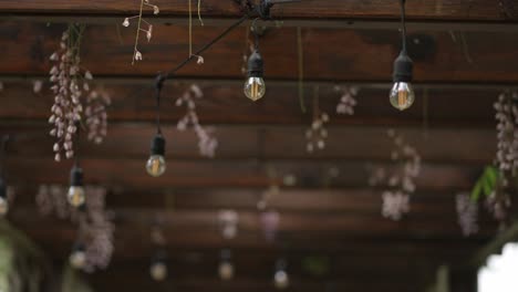 delicate string lights and hanging flowers under rustic wooden pergola