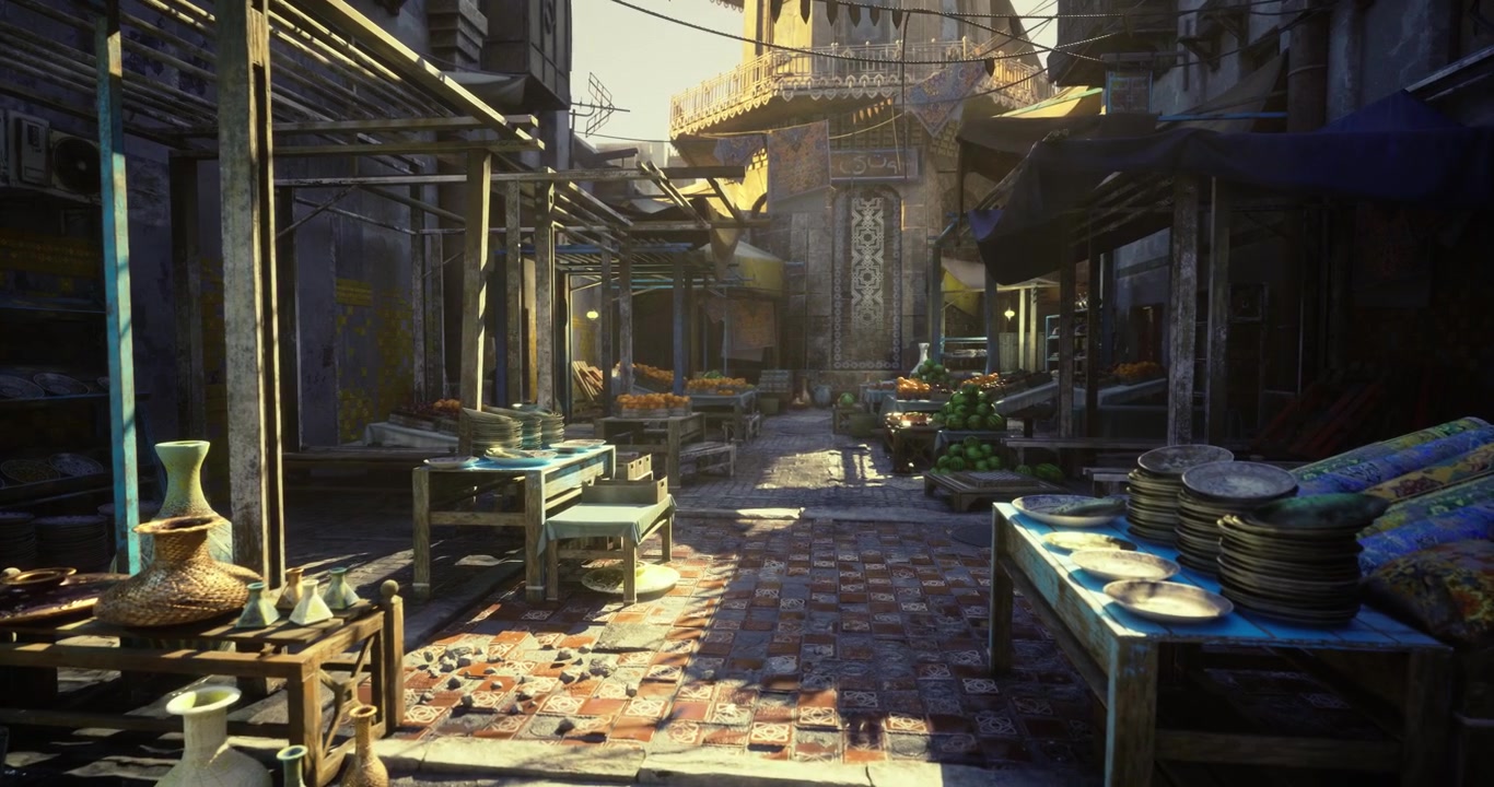 Early morning street market with vibrant displays and elongated shadows