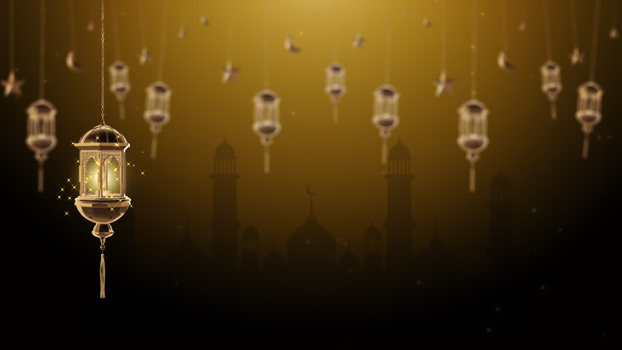 Luces nocturnas de Ramadán y silueta de mezquitas