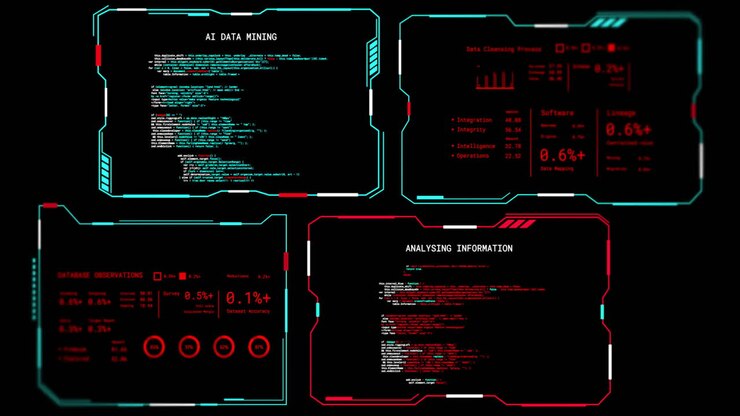 Animation of digital data processing on screens over black background