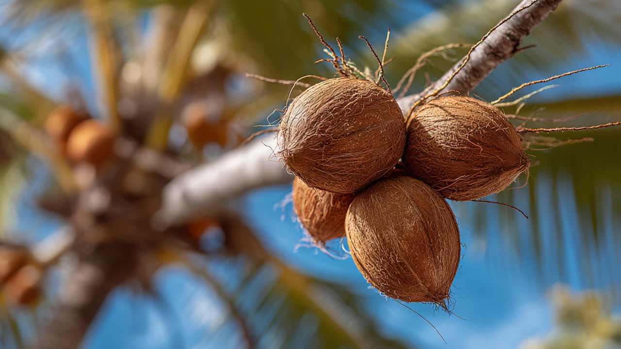 Close-up View of Ripe Coconut Clusters on a Palm Tree with Lush Greenery in the Background Under a Bright Blue Sky