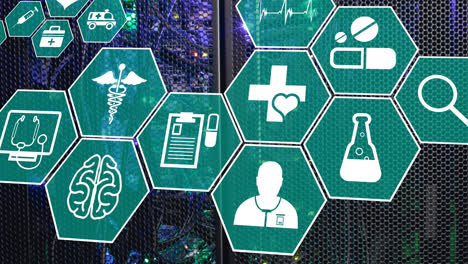 animation de multiples icônes médicales contre le gros plan d'un serveur informatique