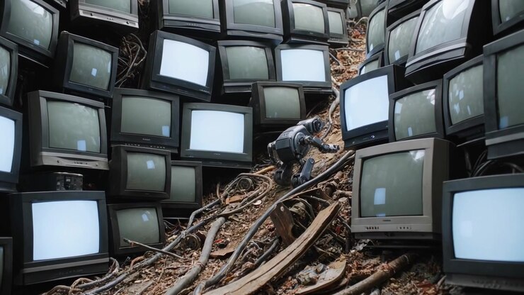 Robot che si arrampica, tirandosi su sopra le radici dopo CRT spenti in una fossa di CRT per fuggire, spazio per il testo.