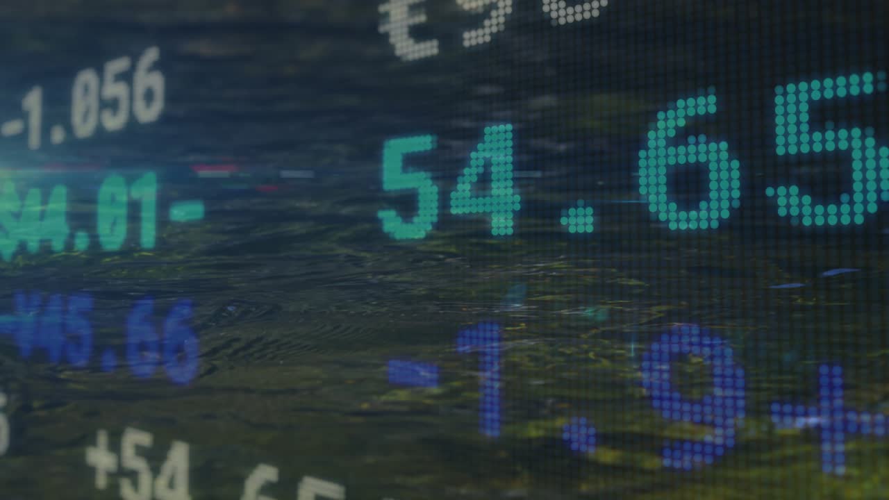 Digital market ticker display updating on feed, teal digits sliding, fading, showing price shifts