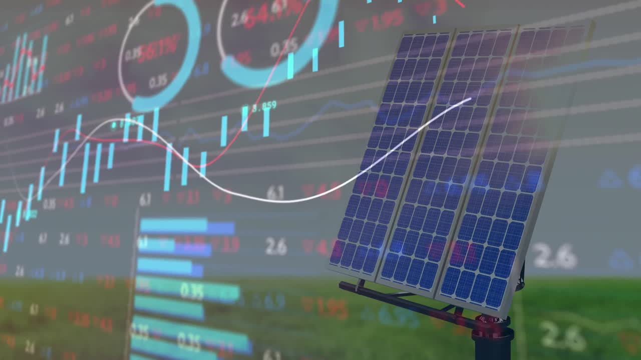 анимация обработки финансовых данных через солнечную панель