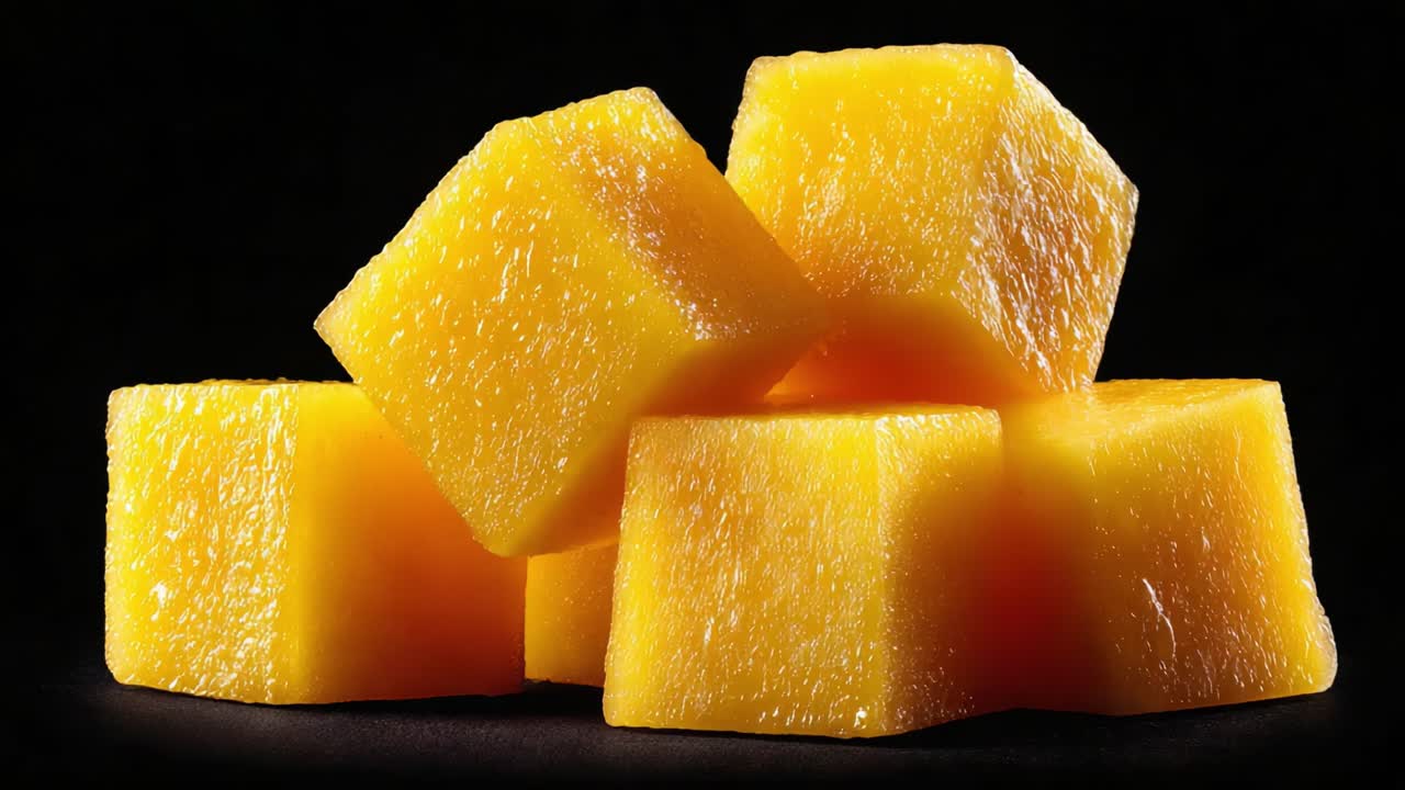 Cubetti di mango fresco di un giallo vibrante impilati su uno sfondo scuro, che mostrano la loro consistenza succosa e il colore brillante, catturando l'essenza di un delizioso frutto tropicale