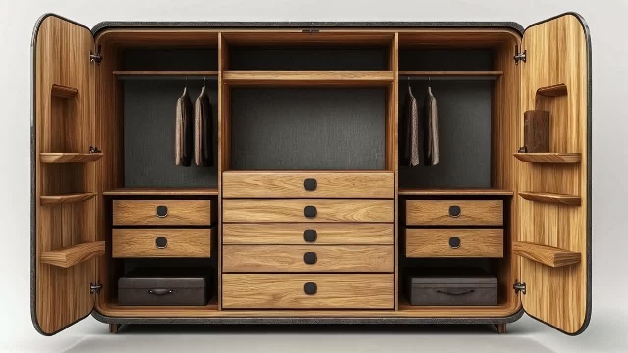 Elegant Open Wooden Wardrobe with Organized Storage