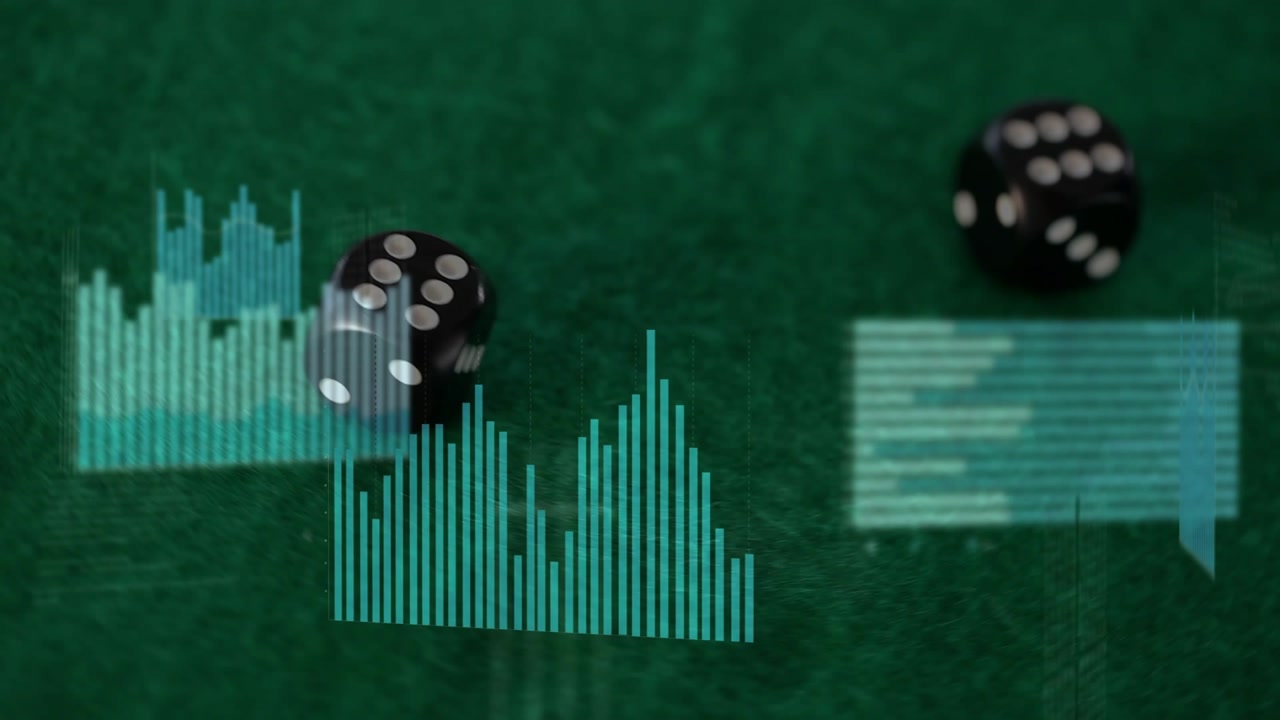 On teal chart appearing, black dice rolling on green felt while charts multiplying, showing months