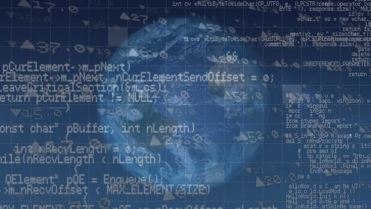 파란색 배경에 전 세계에 대한 데이터 처리 애니메이션